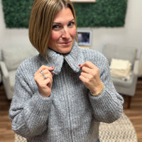 High Neck Full Zip Sweater - Heather Grey