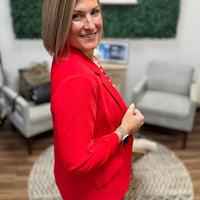 Eco-Friendly Recycled Poly Shirred Sleeve Blazer - True Red