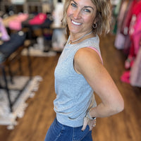 Ribbed Viscose Crew Neck Loose Fit Tank - Grey