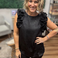 Pleated Ruffle Trim Metallic Top - Black