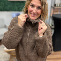 High Neck Full Zip Sweater - Brown