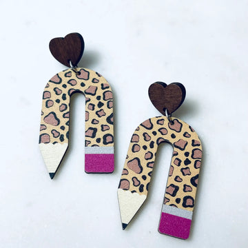 Wooden Leopard Heart Curved Pencil Earrings