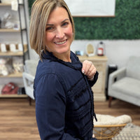 Liverpool - Collarless Jacket with Fray and Lace - Navy