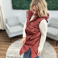 Long Puffer Vest with Hood - Terracota