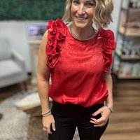 Pleated Ruffle Trim Metallic Top - Red