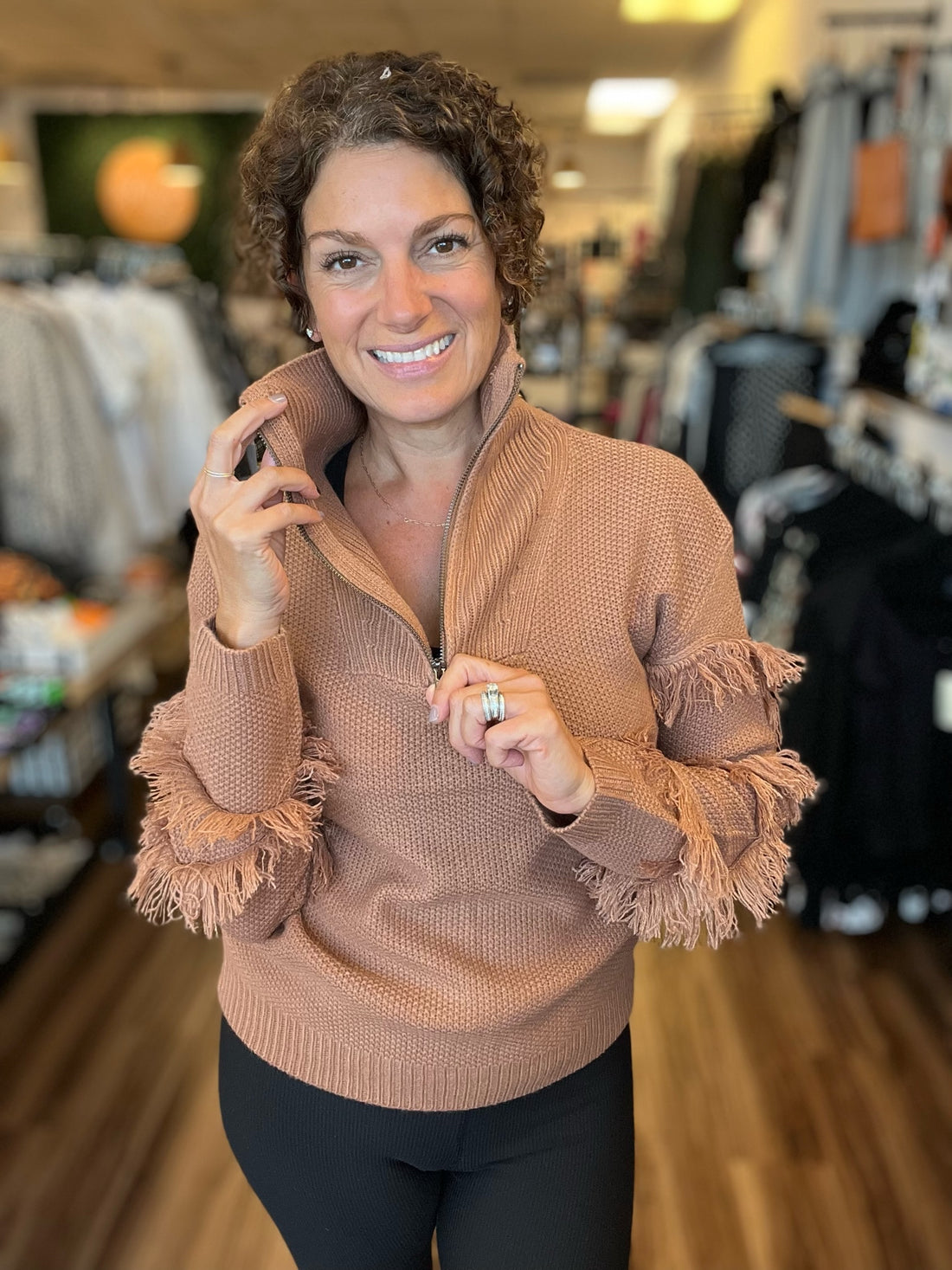 Calista - Fringe Sleeve Zip Up Collared Sweater