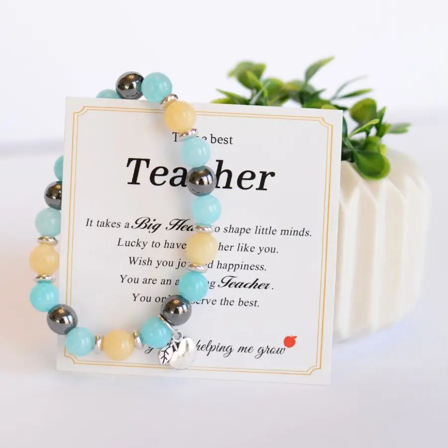 To the Best Teacher -  Beaded Stretch Bracelet W/Apple Charm