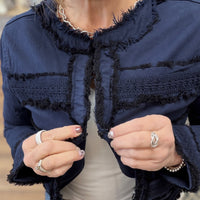 Liverpool - Collarless Jacket with Fray and Lace - Navy