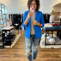 Eco-Friendly Recycled Poly Shirred Sleeve Blazer - Electric Blue