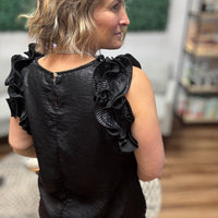 Pleated Ruffle Trim Metallic Top - Black