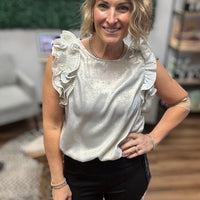 Pleated Ruffle Trim Metallic Top - Champagne