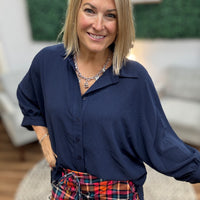 Sloane Button Up Dolman Top - Navy