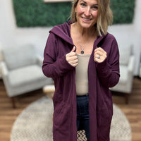 Open Front Longline Cardigan with Hoodie - Plum