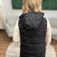 Long Puffer Vest with Hood - Black