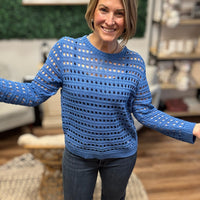 Round Neck Open Gauge Sweater - Blue