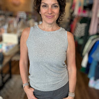 Ribbed Viscose Crew Neck Loose Fit Tank - Grey