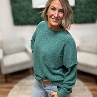 Brushed Melange Drop Shoulder Oversized Top - Dark Green