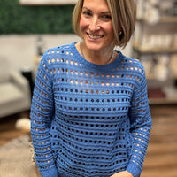 Round Neck Open Gauge Sweater - Blue