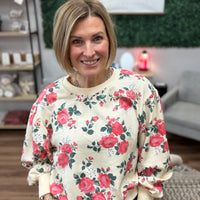 Floral French Terry Pullover with Balloon Sleeves