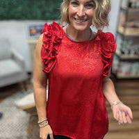 Pleated Ruffle Trim Metallic Top - Red