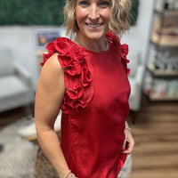 Pleated Ruffle Trim Metallic Top - Red