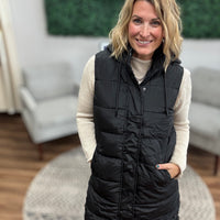 Long Puffer Vest with Hood - Black