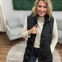 Long Puffer Vest with Hood - Black