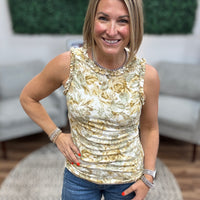 Floral Ribbed Tank with Ruffle Detail - Lemon/Sage