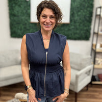 Zip It & Go Smocked Peplum Top - Navy