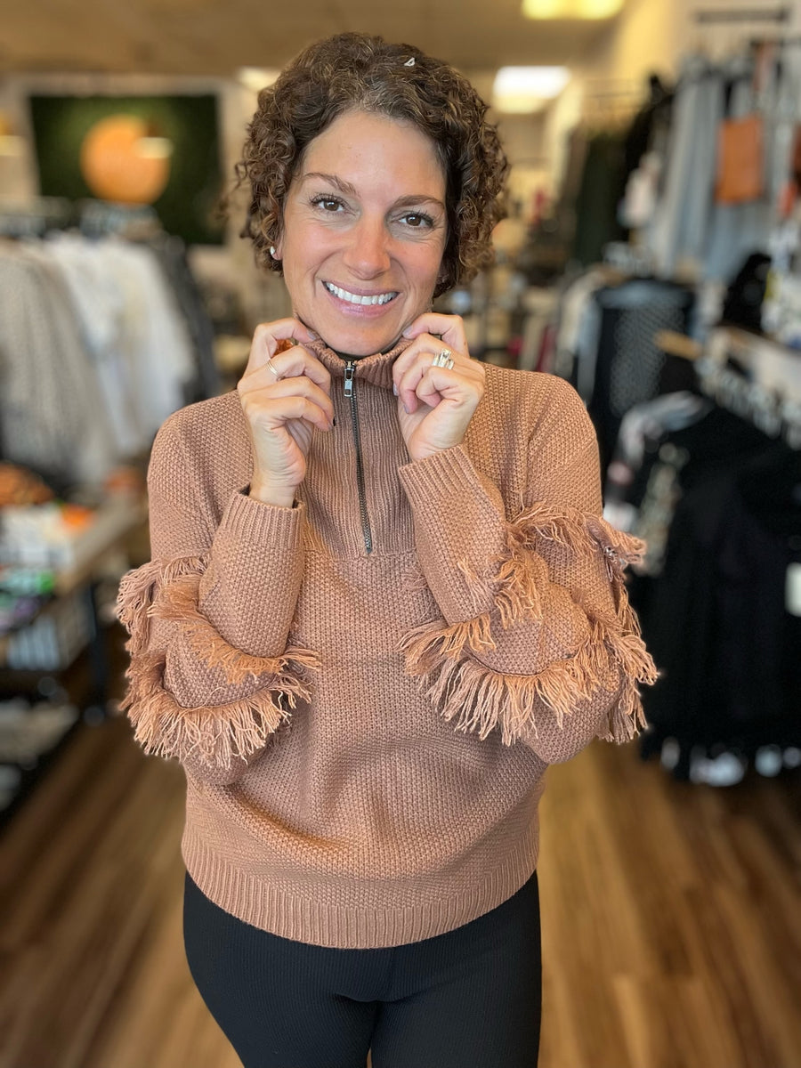 Calista - Fringe Sleeve Zip Up Collared Sweater