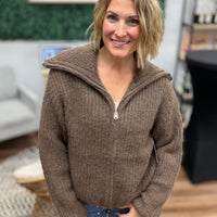 High Neck Full Zip Sweater - Brown