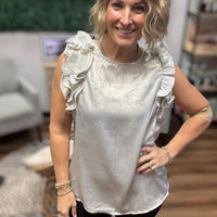 Pleated Ruffle Trim Metallic Top - Champagne