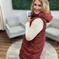 Long Puffer Vest with Hood - Terracota