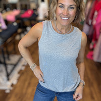 Ribbed Viscose Crew Neck Loose Fit Tank - Grey