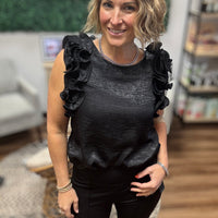 Pleated Ruffle Trim Metallic Top - Black