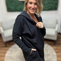 Open Front Longline Cardigan with Hoodie - Black