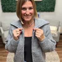 High Neck Full Zip Sweater - Heather Grey