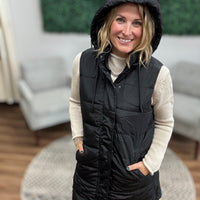 Long Puffer Vest with Hood - Black