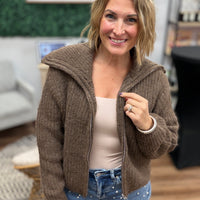 High Neck Full Zip Sweater - Brown
