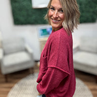 Brushed Melange Drop Shoulder Oversized Top - Cabernet