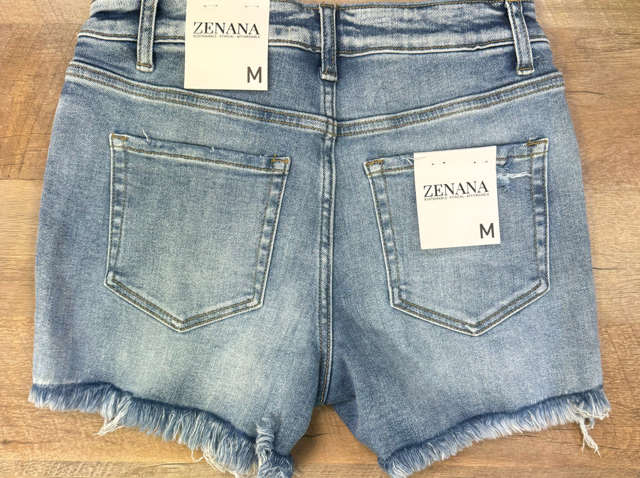 Zenana - Mid Rise Raw Frayed Hem Denim Shorts