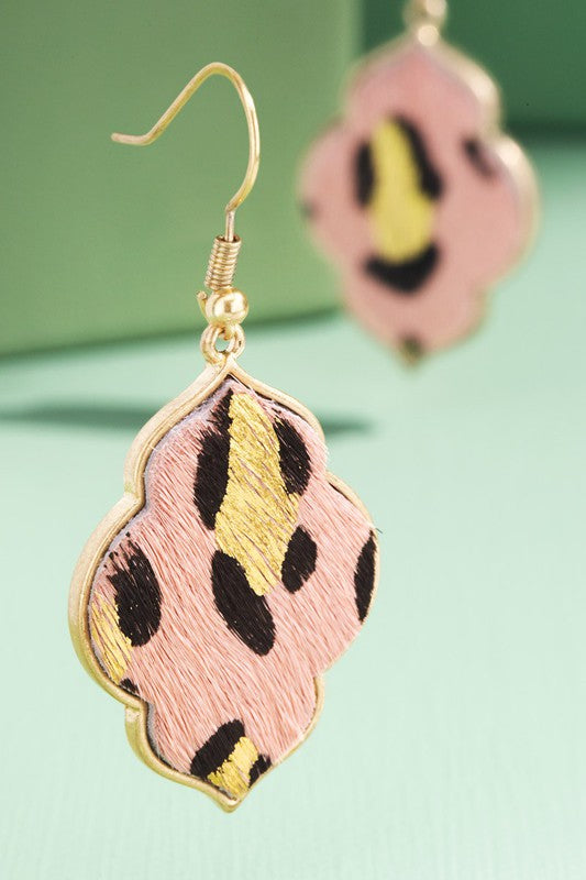 Genuine Leather Leopard Print Quatrefoil Earrings
