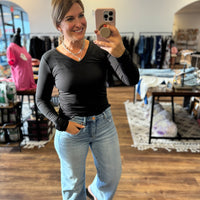 Microfiber V-Neck Long Sleeve Tee - Black