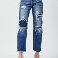Risen - High Rise Patched Distressing Straight Leg