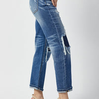 Risen - High Rise Patched Distressing Straight Leg