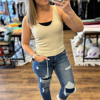 Risen - High Rise Patched Distressing Straight Leg