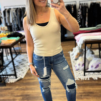 Risen - High Rise Patched Distressing Straight Leg