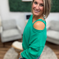 Fleece Off-Shoulder Pullover - Kelly Green