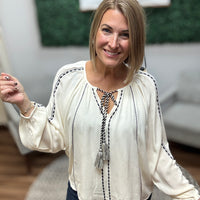 Liverpool - Long Sleeve Woven Raglan Blouse W/ Embroidery