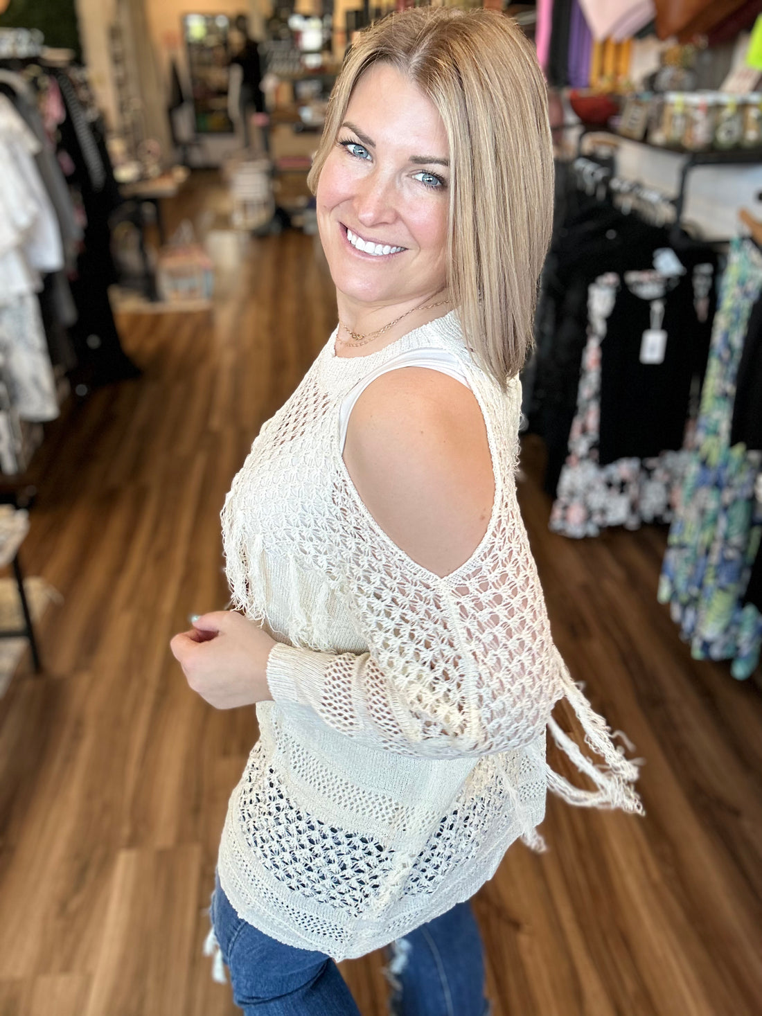 Bailee - Cold Shoulder Tunic with Fringe